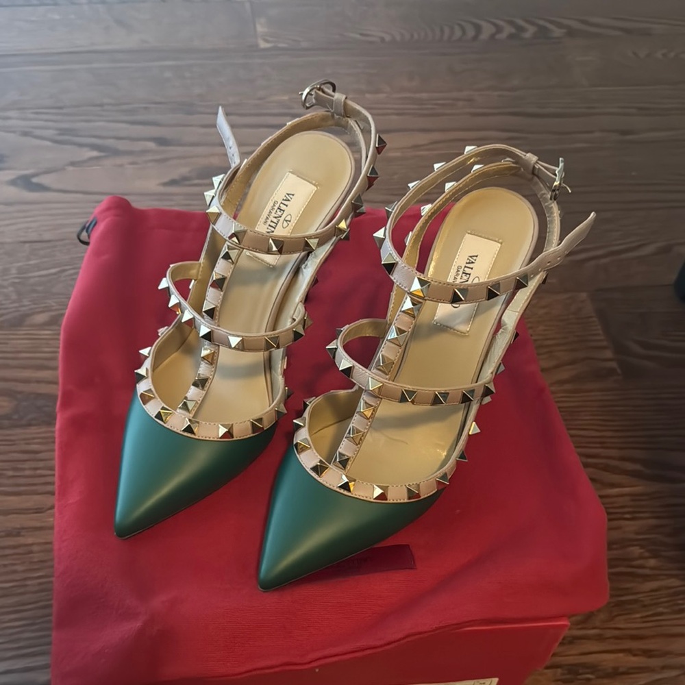 Valentino Green Stiletto Heels with Studded Straps